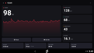 Churned in-ride dashboard on the bike's head unit — live power graph beside heart rate, cadence, resistance, and speed tiles