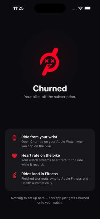 Churned iOS companion app intro screen — your bike, off the subscription